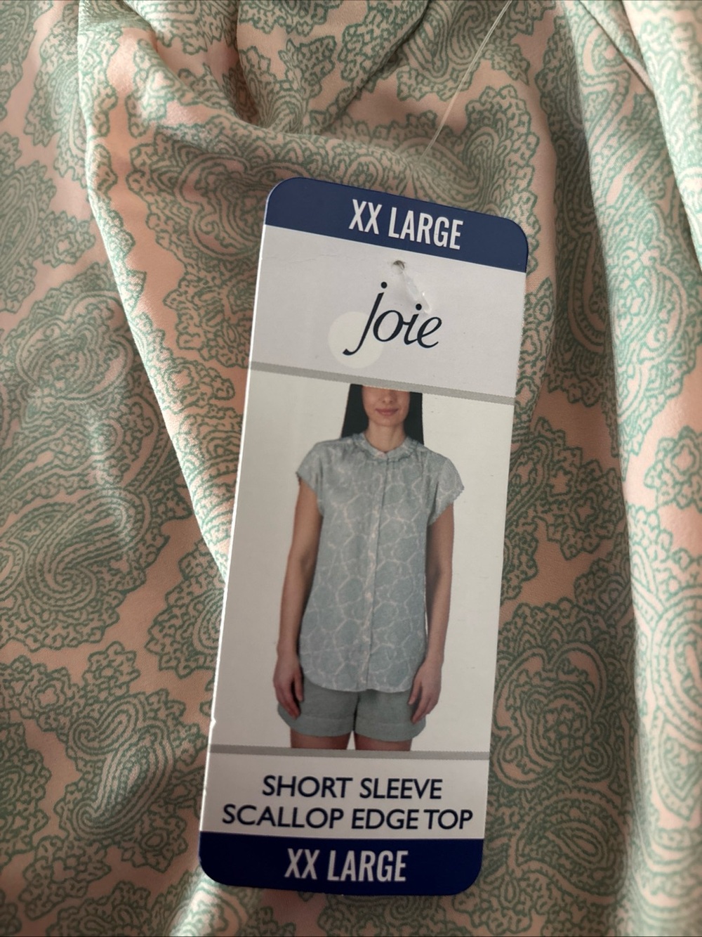 Joie Short Sleeve Scallop Edge Top in Paisley Stamp Green Blouse XXL NWT - Picture 3 of 4